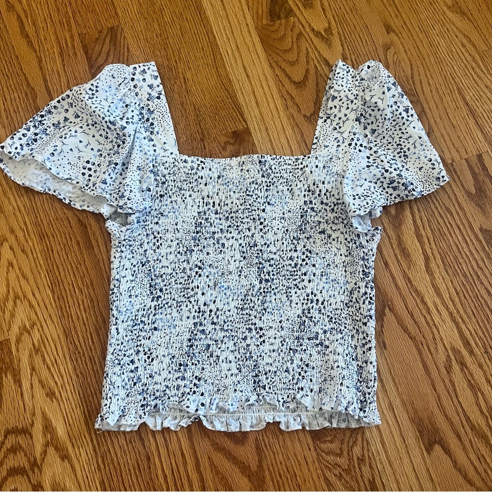 Japna Blue and White Smocked Puff Sleeve Blouse